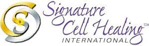 A purple and white logo for signature cell therapy international.